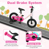 Kids bike with dual brake system, pink 12-inch frame, training wheels, and enclosed chain guard for safe riding.