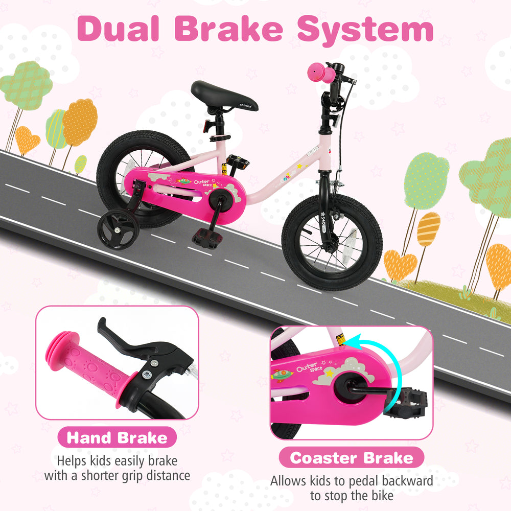 Kids bike with dual brake system, pink 12-inch frame, training wheels, and enclosed chain guard for safe riding.