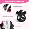 Detail of the kids bike's removable training wheels and reflectors for enhanced safety and visibility in pink color.