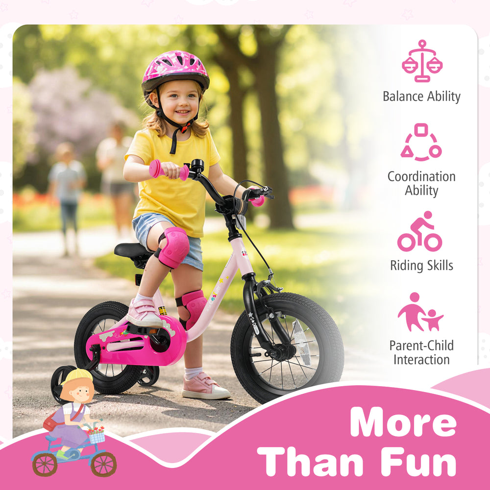 Kids bike in pink for ages 3-7 with training wheels, dual brakes, and enclosed chain guard for safe riding outdoors.