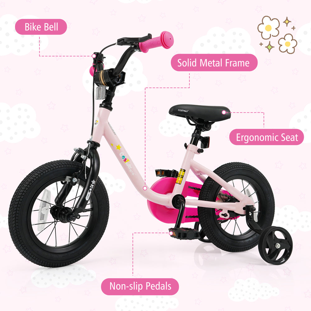 Kids bike in pink with solid metal frame, ergonomic seat, non-slip pedals, and detachable training wheels for safe.