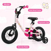 Kids bike in pink with solid metal frame, ergonomic seat, non-slip pedals, and detachable training wheels for safe.
