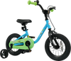 Blue kids bike with 12-inch wheels, dual brake system, detachable training wheels, and ergonomic seat for ages 3-7.