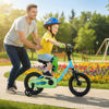 Child riding a blue 12-inch bike with training wheels, featuring a dual brake system and enclosed chain guard for.