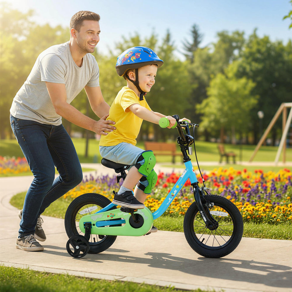 Child riding a blue 12-inch bike with training wheels, featuring a dual brake system and enclosed chain guard for.