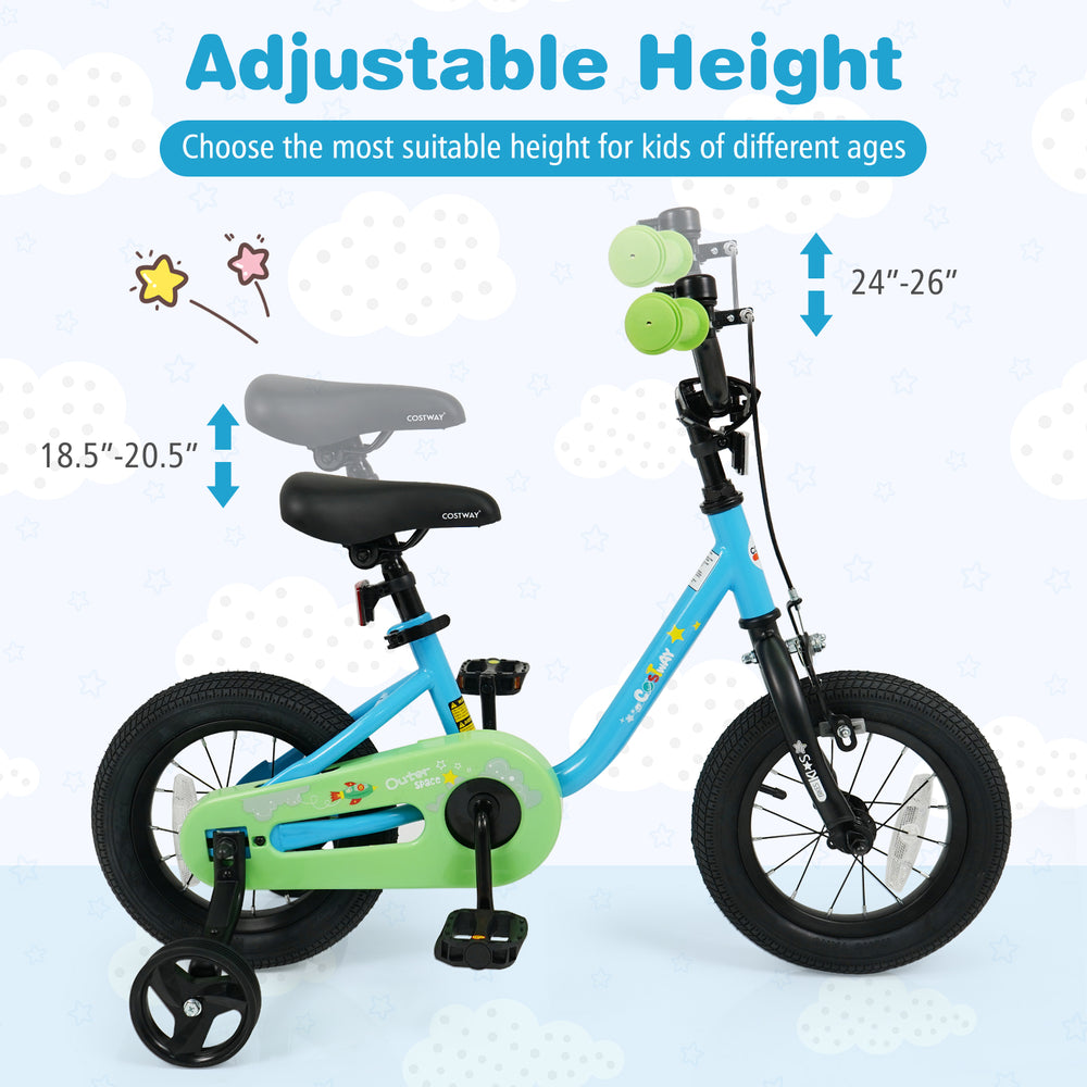 Kids bike with adjustable height, 12-inch blue frame, dual brake system, and detachable training wheels for ages 3-7.