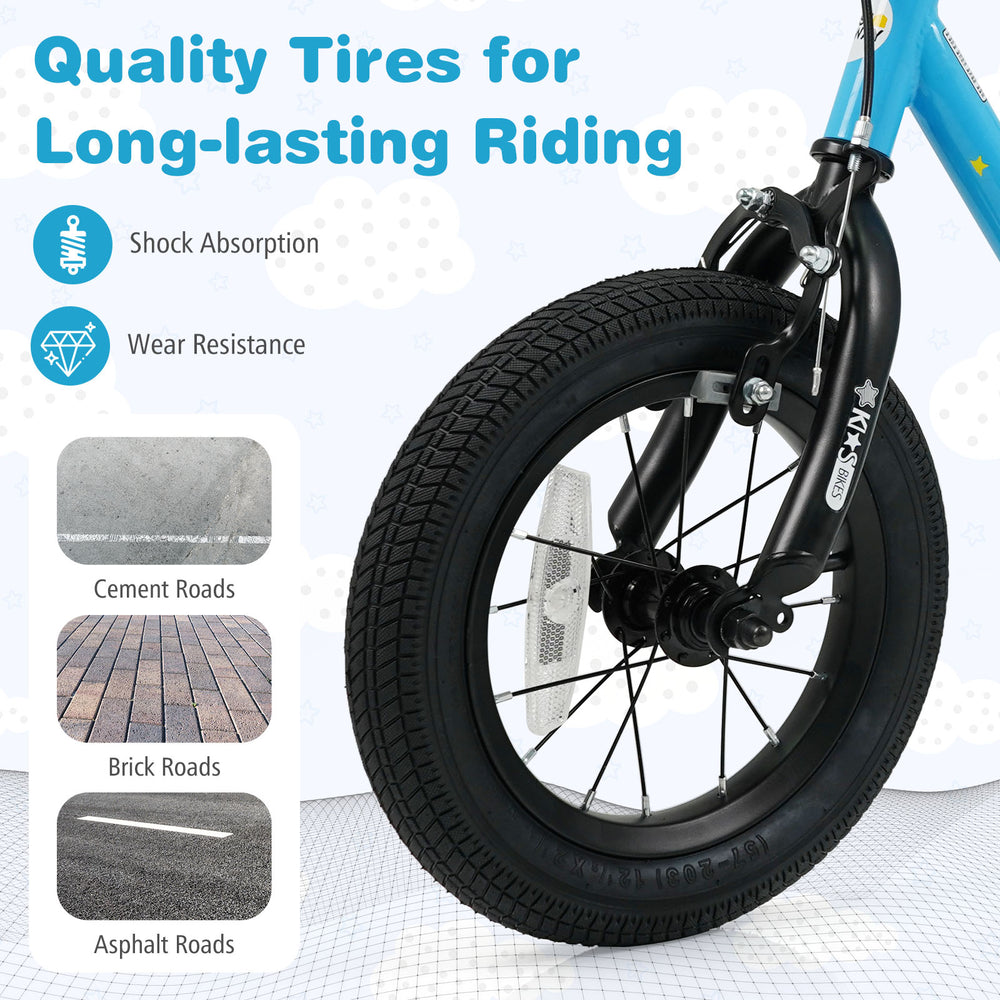 Front view of the 12-inch kids bike tire showcasing quality wear resistance and shock absorption for safe riding.
