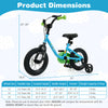 Kids bike dimensions chart showing 12-inch model suitable for ages 3-7, featuring safety details and training wheels.
