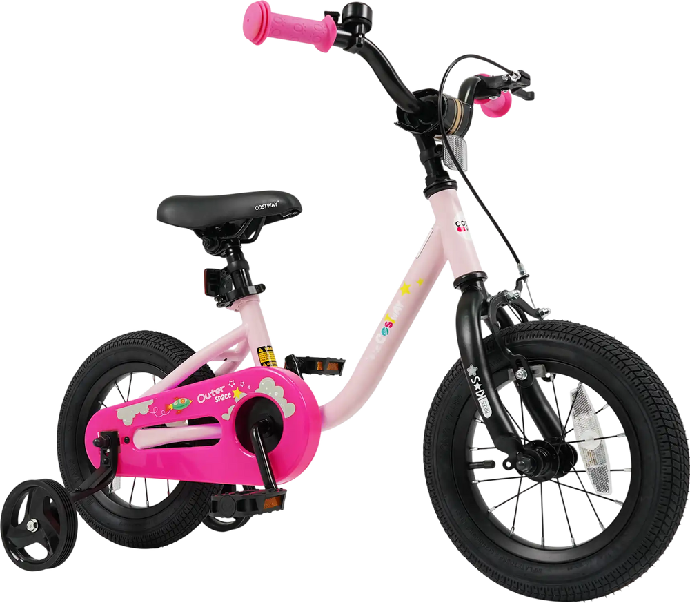 Pink 12-inch kids bike with training wheels, dual brake system, and enclosed chain guard for safe riding.