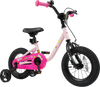 Pink 12-inch kids bike with training wheels, dual brake system, and enclosed chain guard for safe riding.