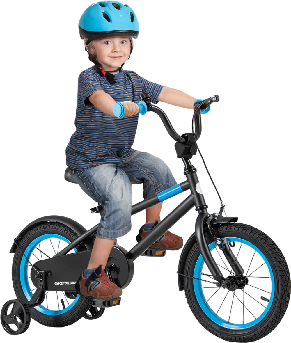 Kids bike with adjustable handlebar and saddle, featuring a black frame and blue accents, ideal for outdoor riding.