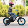 Kids bike with adjustable handlebar and saddle, 14 inches, featuring training wheels and a black frame for safe riding.