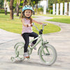 Kids bike in green with adjustable handlebar and saddle, featuring training wheels for safe riding outdoors.