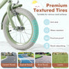 Kids bike with green 14-inch puncture-proof tires, suitable for various surfaces like lawns and asphalt roads.