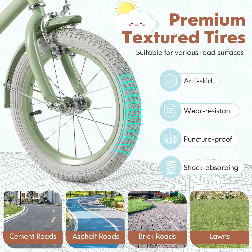 Kids bike with green 14-inch puncture-proof tires, suitable for various surfaces like lawns and asphalt roads.