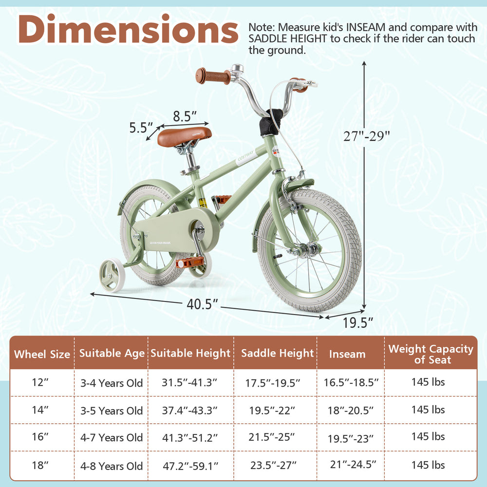 Kids bike with adjustable handlebar and saddle in green, featuring removable training wheels and a dual brake system.