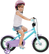 Kids bike with adjustable handlebar and saddle in purple, featuring training wheels for balance and safety.