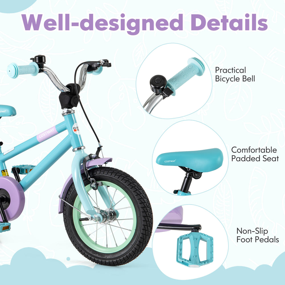 Kids bike features adjustable handlebars, padded seat, non-slip pedals, and a practical bell for safe riding.