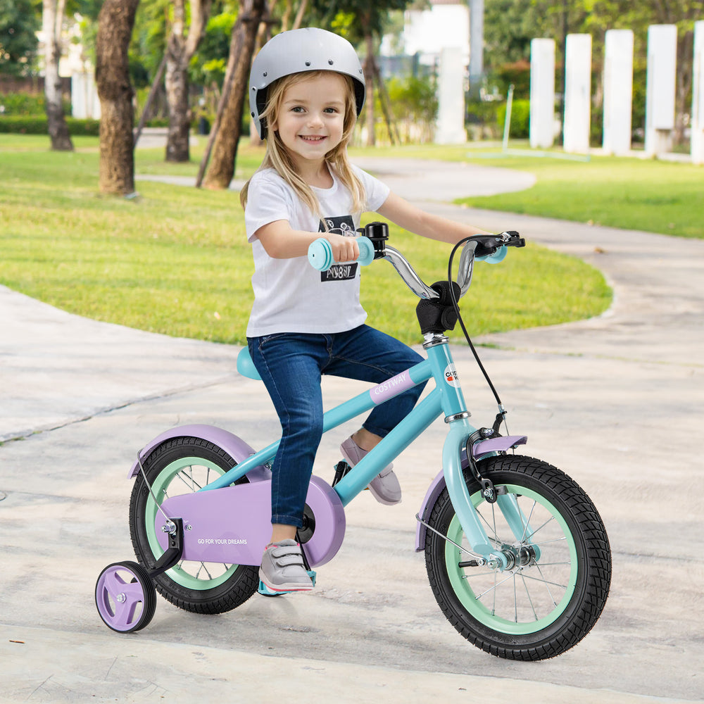 Kids bike with adjustable handlebar and saddle in purple, featuring training wheels and a safe dual brake system for.