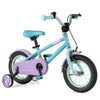 Kids bike with 12-inch wheels in purple and teal, featuring a heavy-duty frame and anti-slip handlebars for secure.
