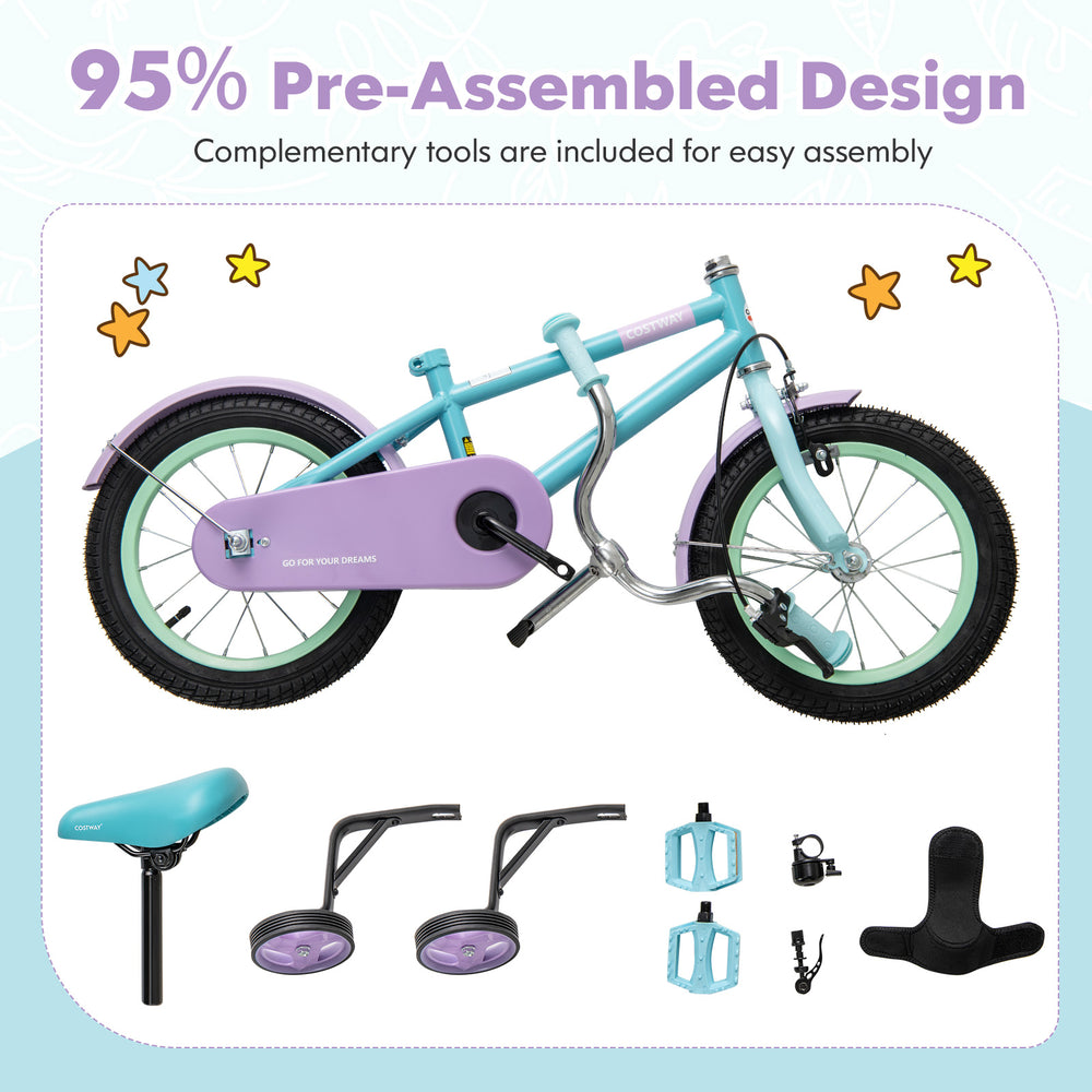 Kids bike with adjustable handlebar and saddle in purple, featuring removable training wheels and a fully enclosed.
