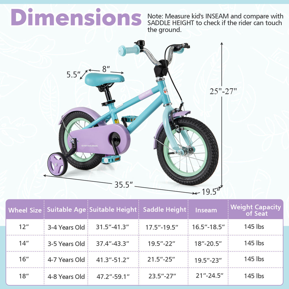 Kids bike with adjustable handlebar and saddle in purple, featuring removable training wheels for ages 3 to 8.