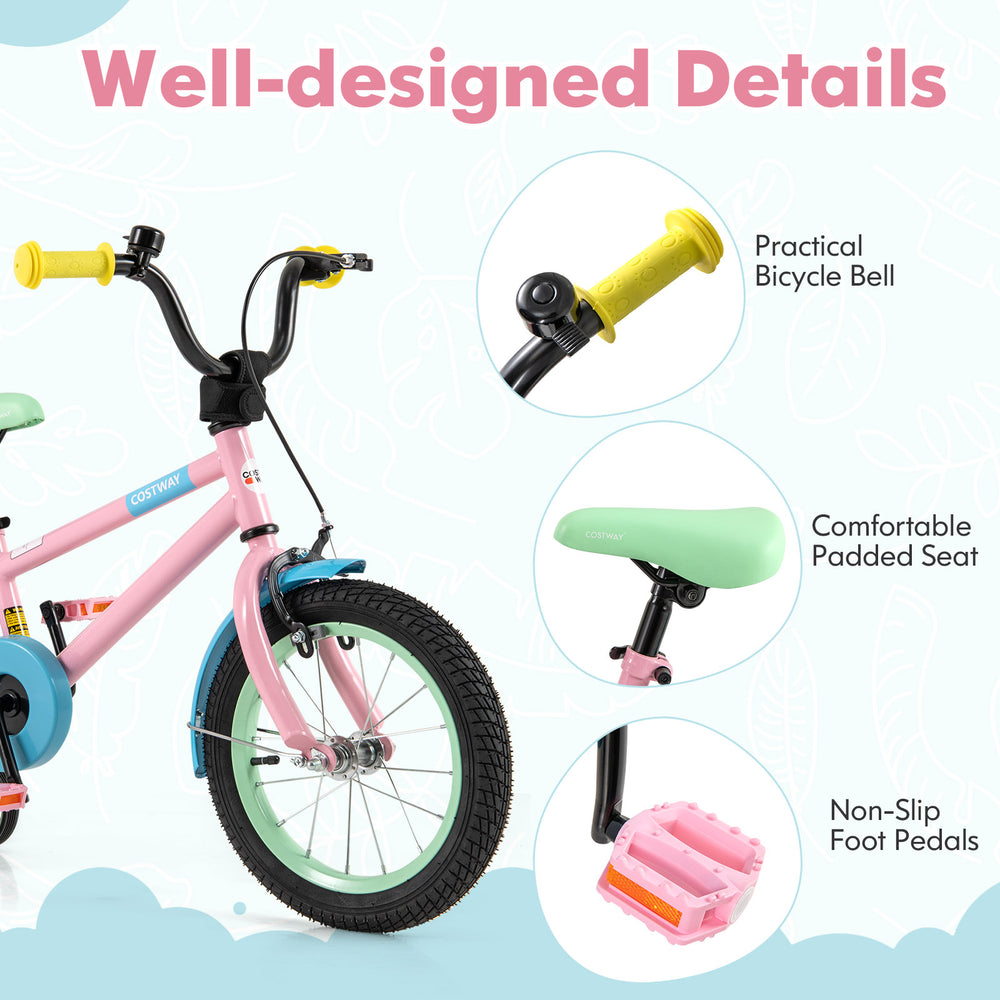 Kids bike in pink with adjustable handlebar, padded seat, and non-slip pedals, designed for safe riding and balance.