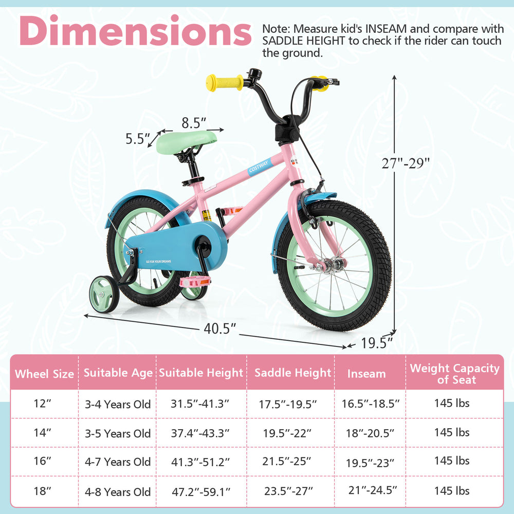 Kids bike with adjustable handlebar and saddle in pink, featuring removable training wheels and a dual brake system for.