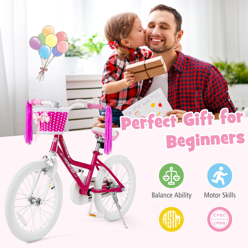 Kids bicycle with training wheels in pink, featuring adjustable seat, durable frame, and safety reflectors for ages 6-8.