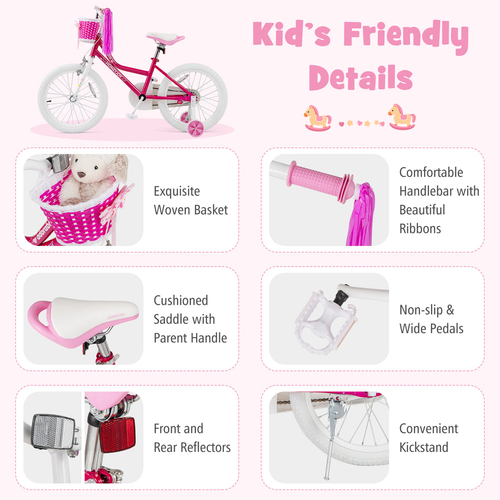 Kids bicycle with pink frame, adjustable seat, woven basket, training wheels, and non-slip pedals for safe riding.