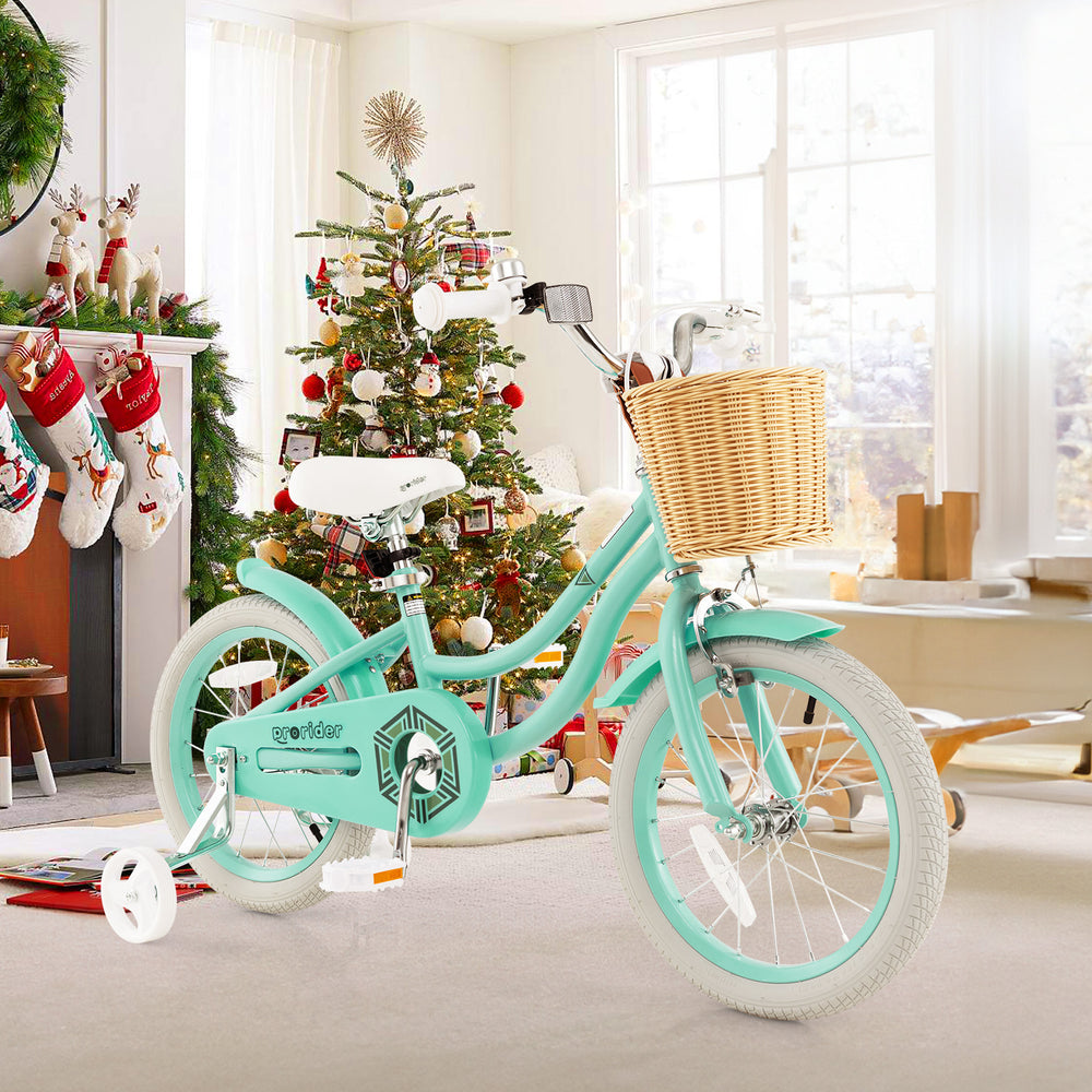 16-inch kids bike in green with training wheels, adjustable seat, and front basket, perfect for indoor and outdoor fun.