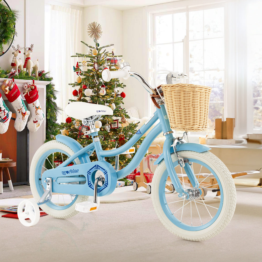 14-inch blue kids bike with training wheels, adjustable seat, and front basket for dolls and snacks, perfect for fun.