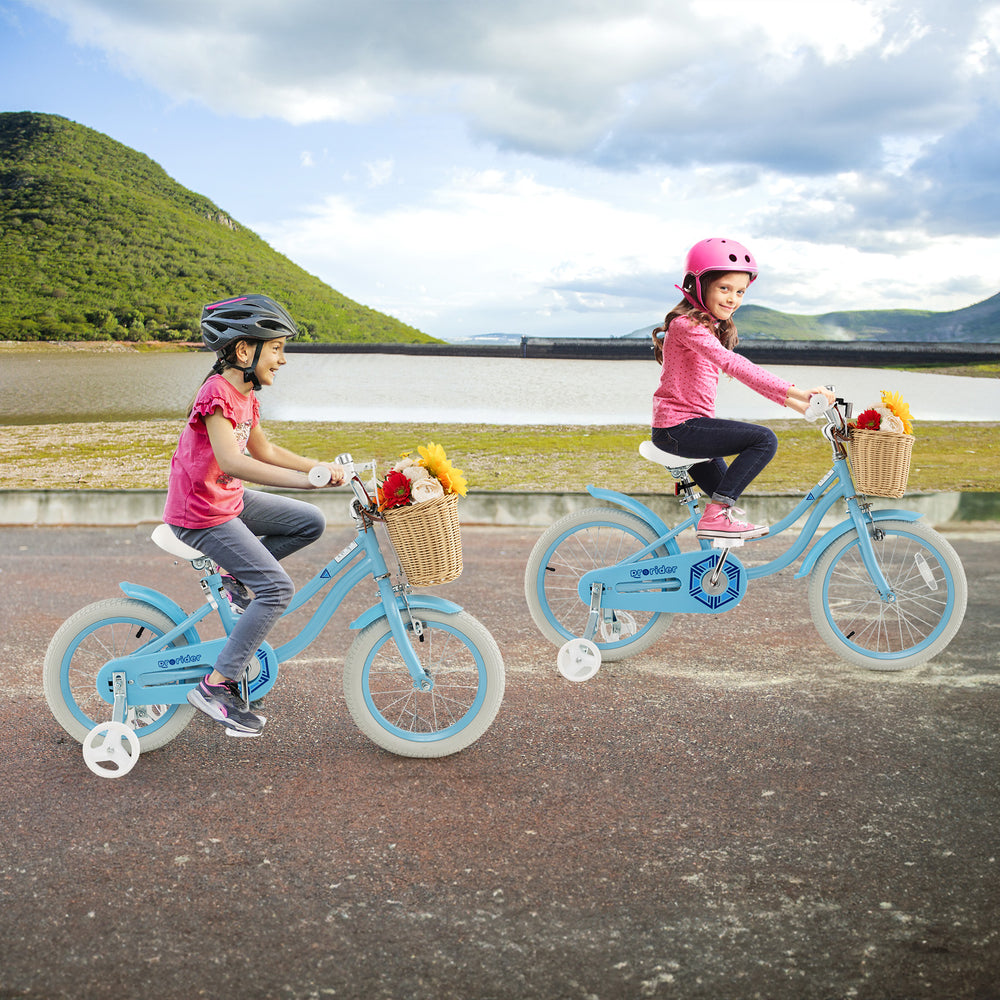 Two kids riding a 14-inch blue bike with training wheels and front basket, perfect for outdoor fun and balance training.