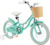 16-inch kids bike in green with training wheels, adjustable seat, and front basket for carrying toys and snacks.