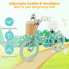 16-inch kids bike in green with adjustable seat, training wheels, and front basket for fun and balance training.