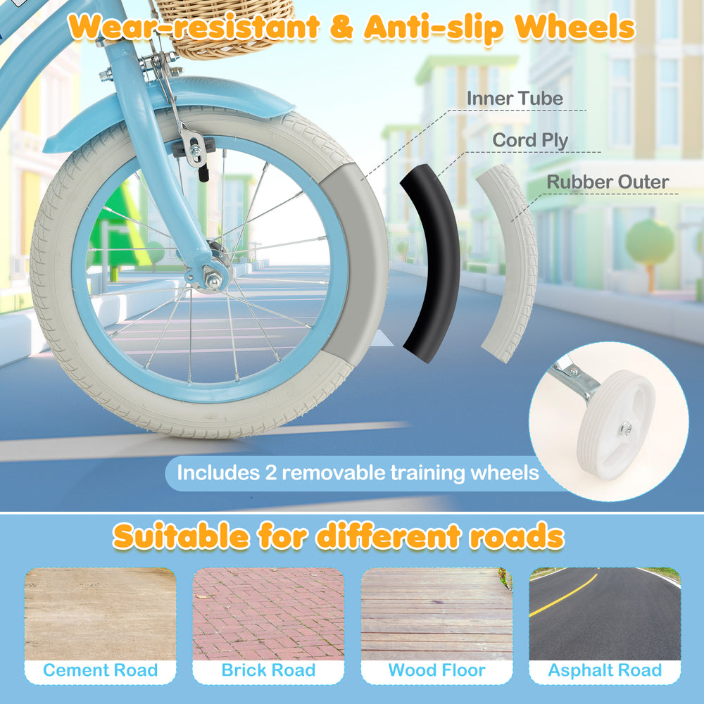 Close-up of the 14-inch kids bike's durable rubber wheels with anti-slip design, suitable for various road surfaces.