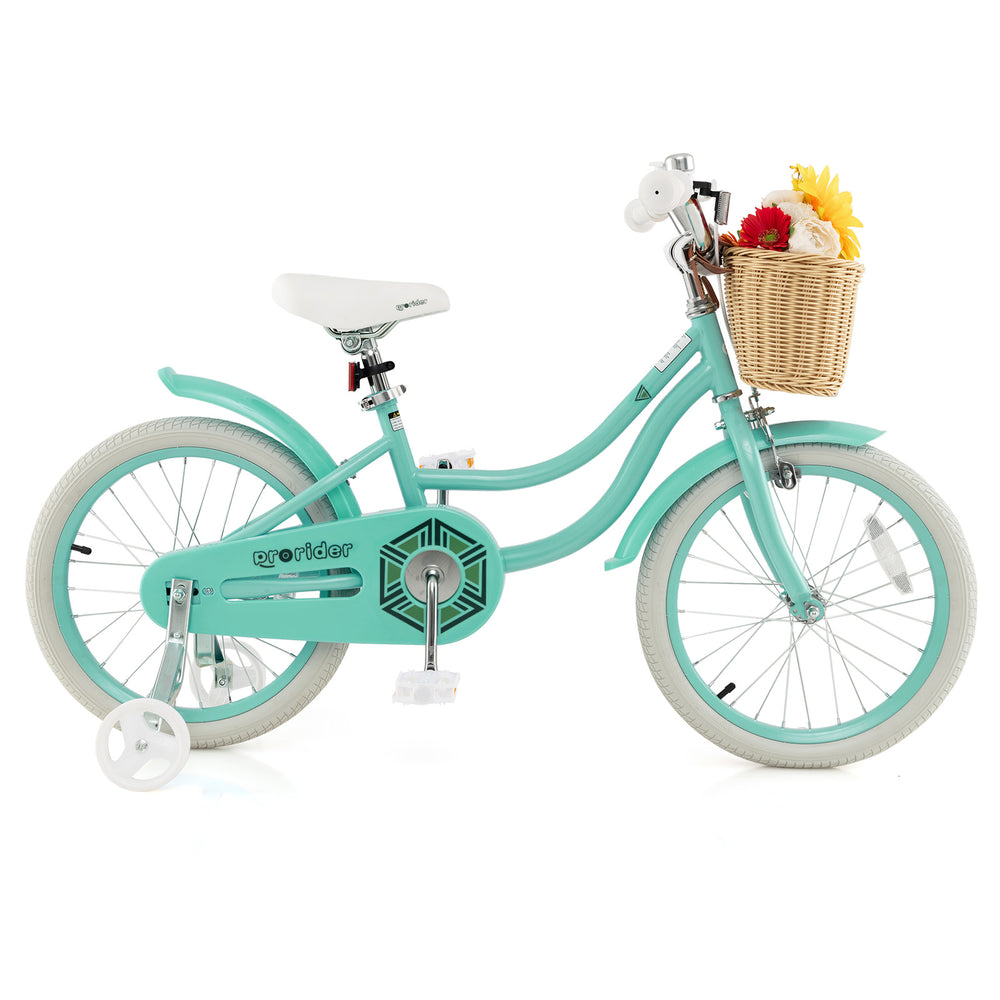 18-inch green kids bike with training wheels, adjustable seat, front basket, and durable rubber wheels for safe riding.