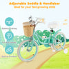 18-inch green kids bike with adjustable handlebar, training wheels, and front basket for balance training and fun.