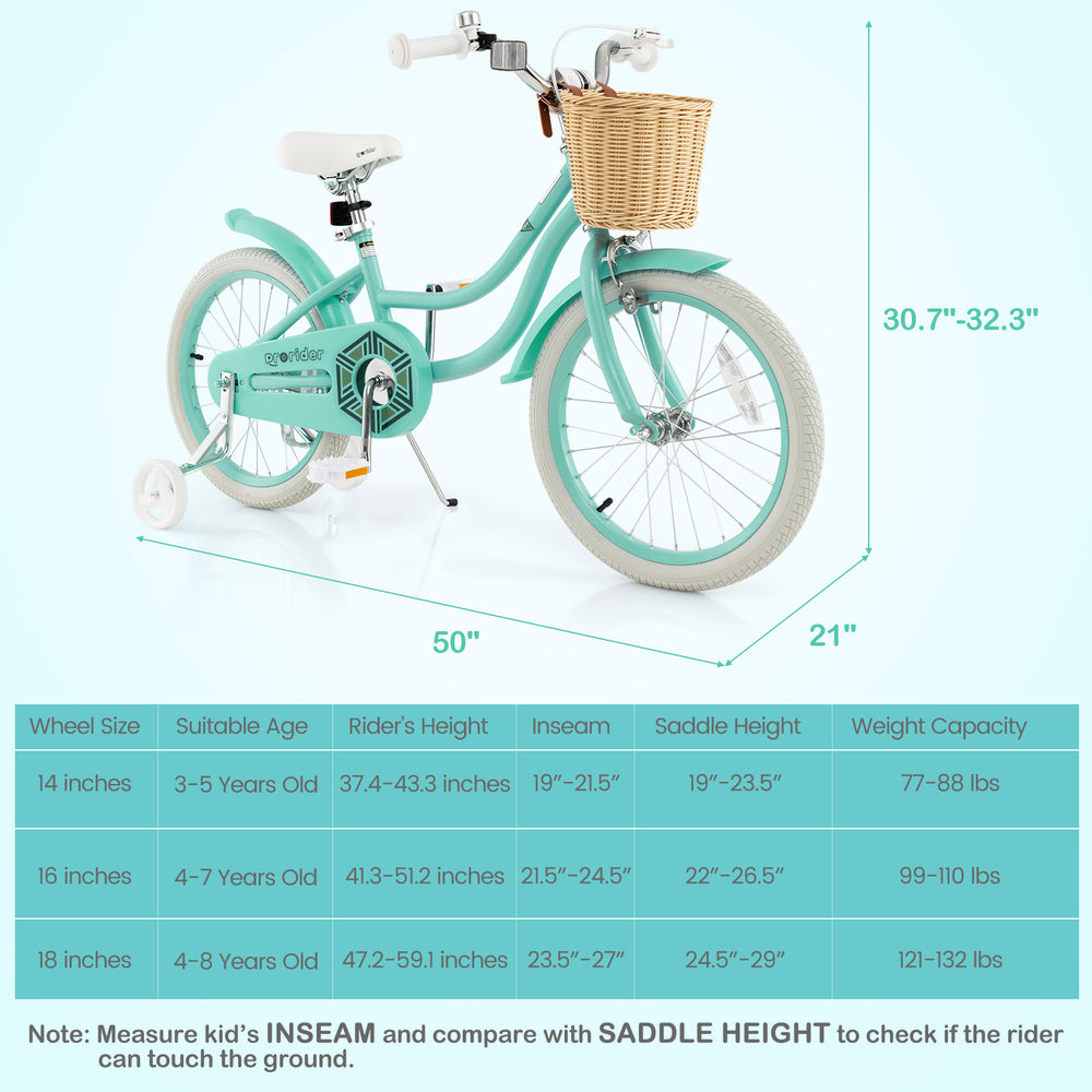 18-inch kids bike in green with training wheels, adjustable seat, and front basket for fun and safety.