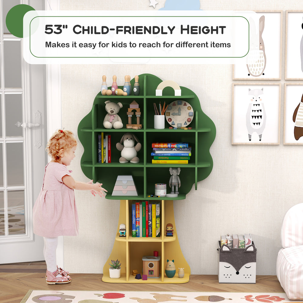 Green kids bookcase shelf with tree design, 53" height, open storage for toys and books, perfect for children's rooms.