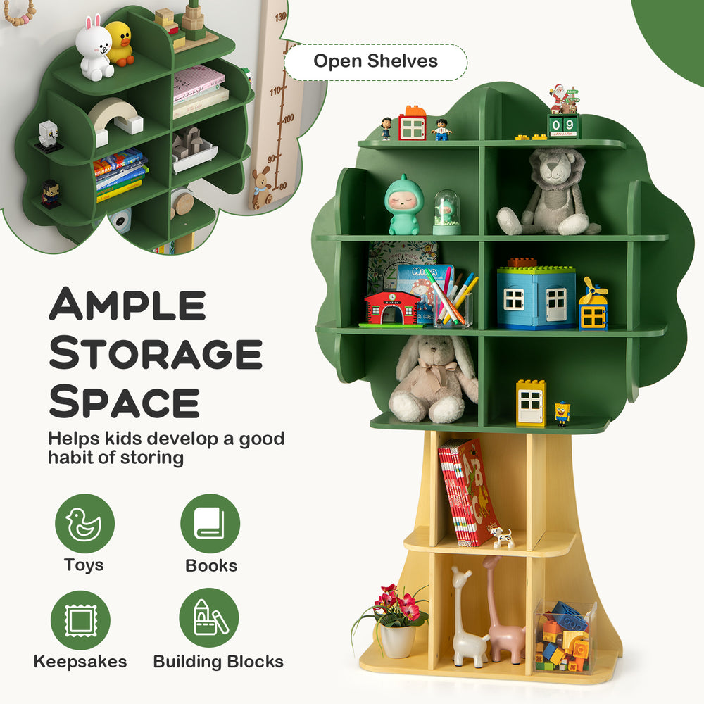 Green kids bookcase shelf with open storage shelves, ideal for toys and books, promotes organization in children's.