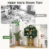 Green kids bookcase shelf organizer with open storage, featuring dinosaur design, ideal for tidy playrooms and bedrooms.