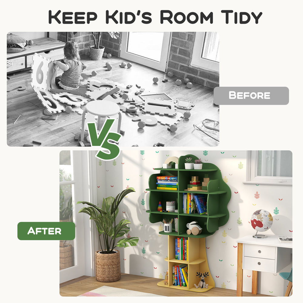 Green kids bookcase shelf organizer with open storage, featuring dinosaur design, ideal for tidy playrooms and bedrooms.