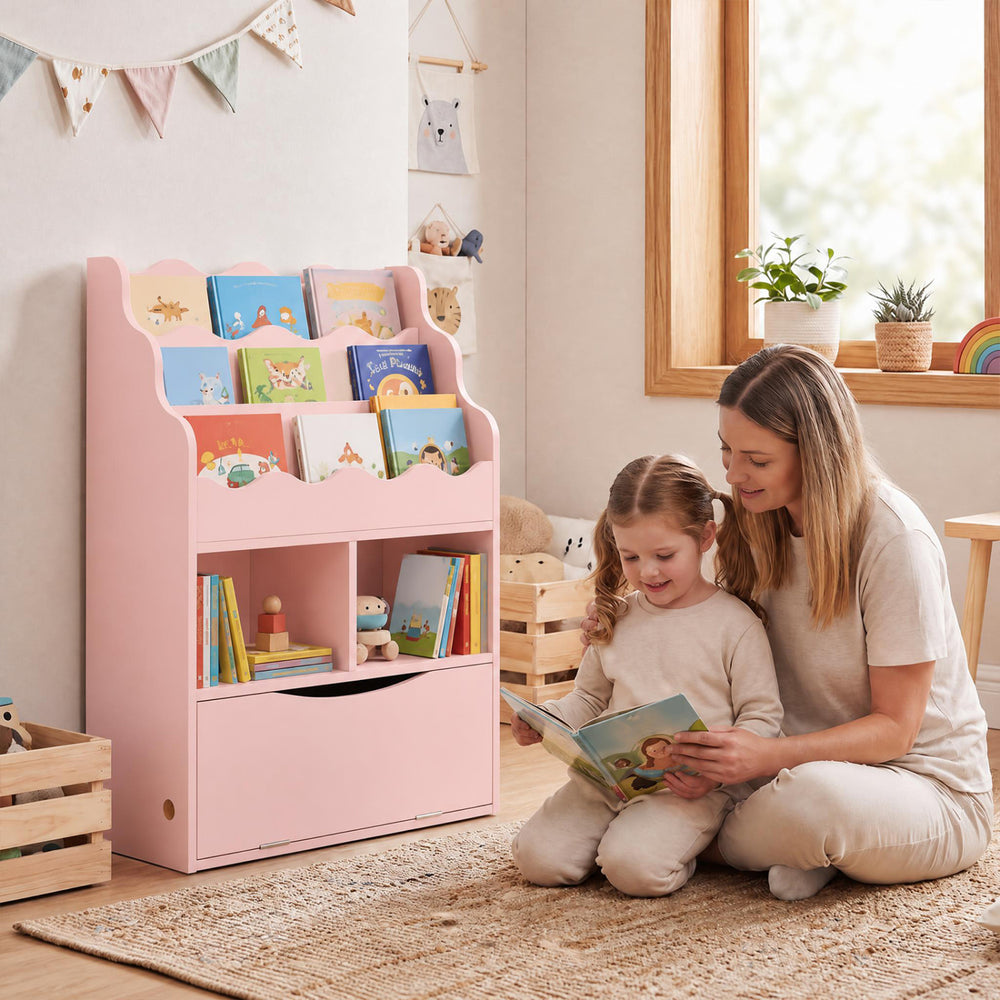 Pink kids bookcase features a charming design with smooth surfaces and rounded corners, perfect for organizing children's books.