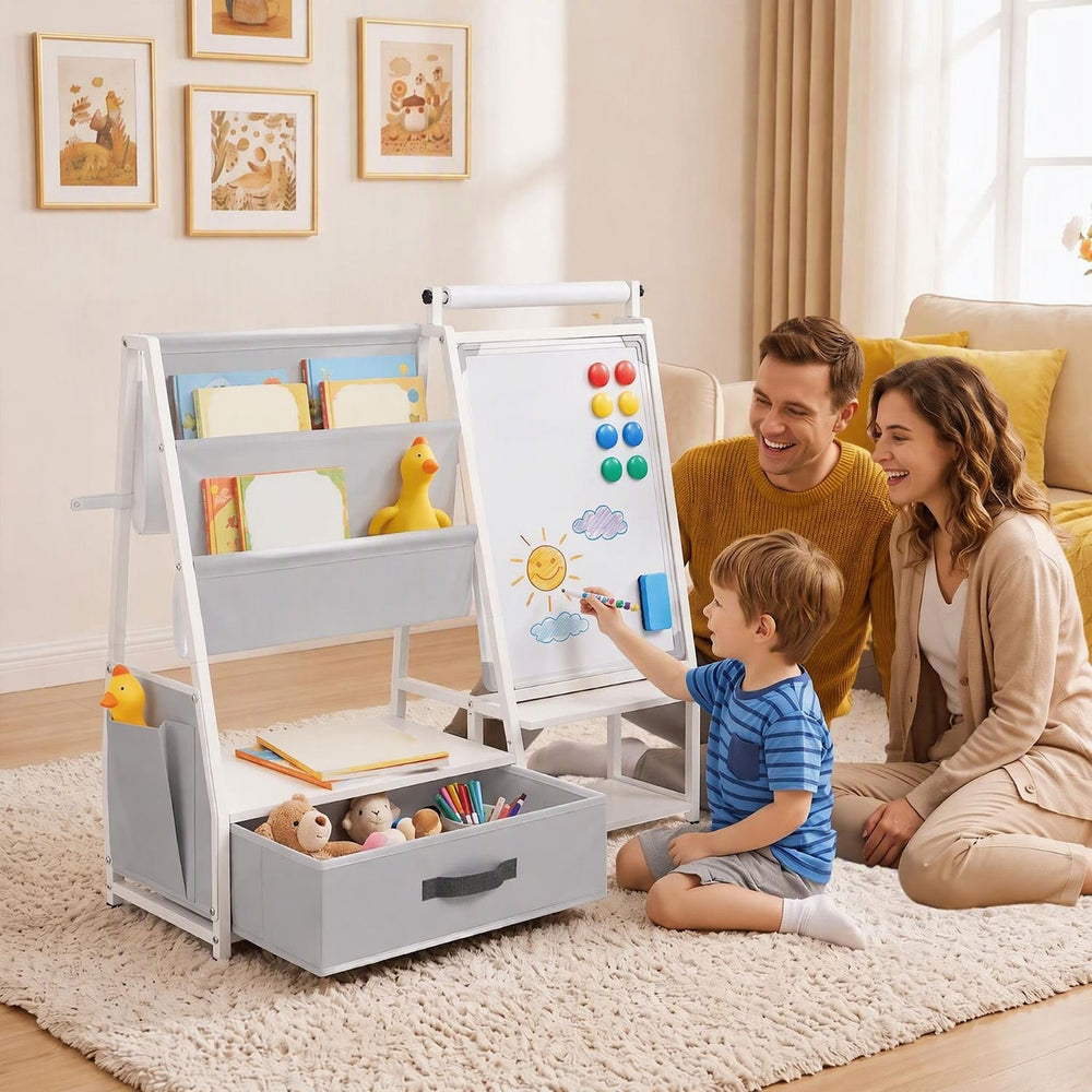 Kids bookshelf art easel in gray features a magnetic whiteboard, storage compartments, and includes drawing paper for creative play.