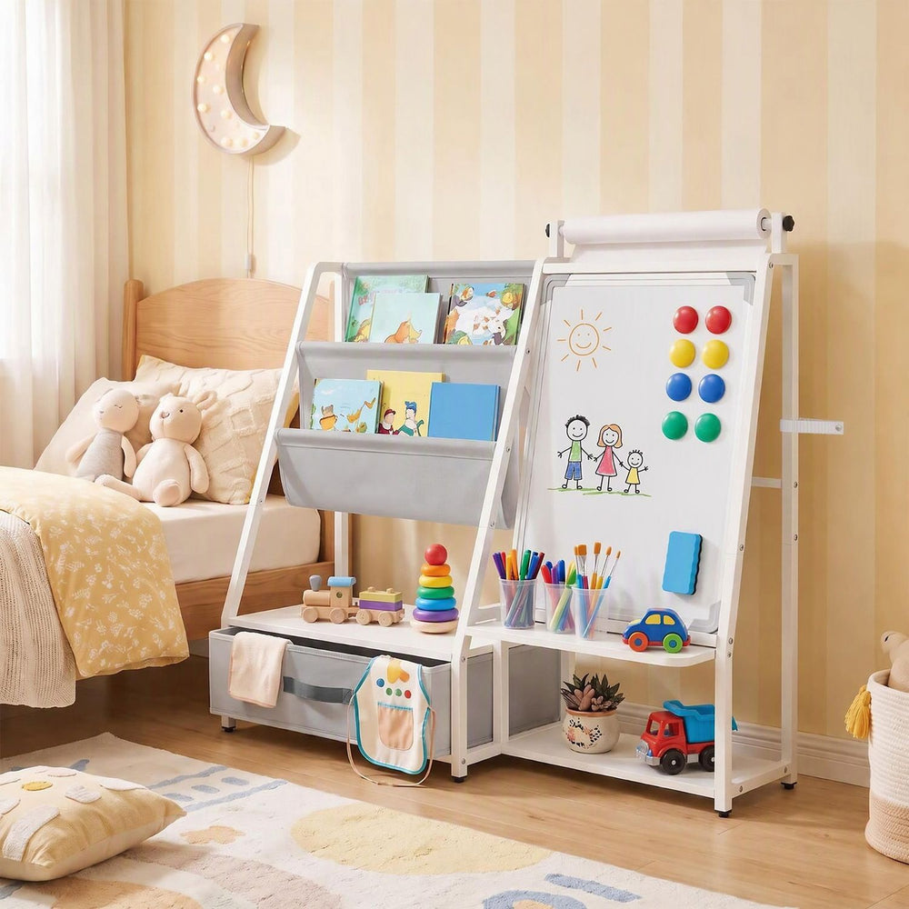 Kids bookshelf art easel in gray features a magnetic whiteboard, storage compartments, and drawing paper for creative play.