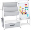 Kids bookshelf art easel in gray features a magnetic whiteboard, fabric storage, and a child-friendly height for creative play.
