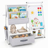 Kids bookshelf art easel in gray features a magnetic whiteboard, fabric storage, and a toy organizer for creative play.