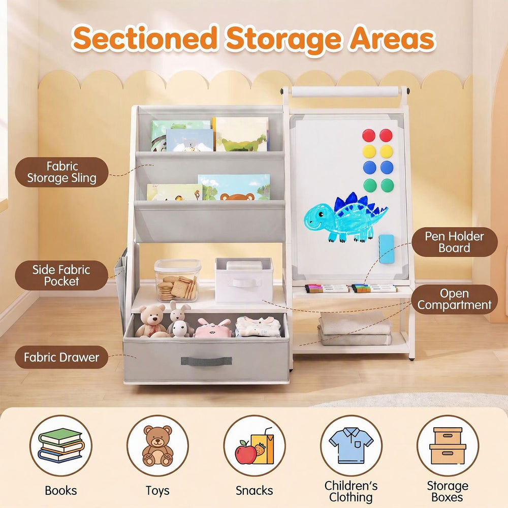 Kids bookshelf art easel in gray features sectioned storage areas, a magnetic whiteboard, and a fabric drawer for organization.