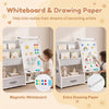 Kids bookshelf art easel with magnetic whiteboard and extra drawing paper, featuring storage for toys and art supplies.